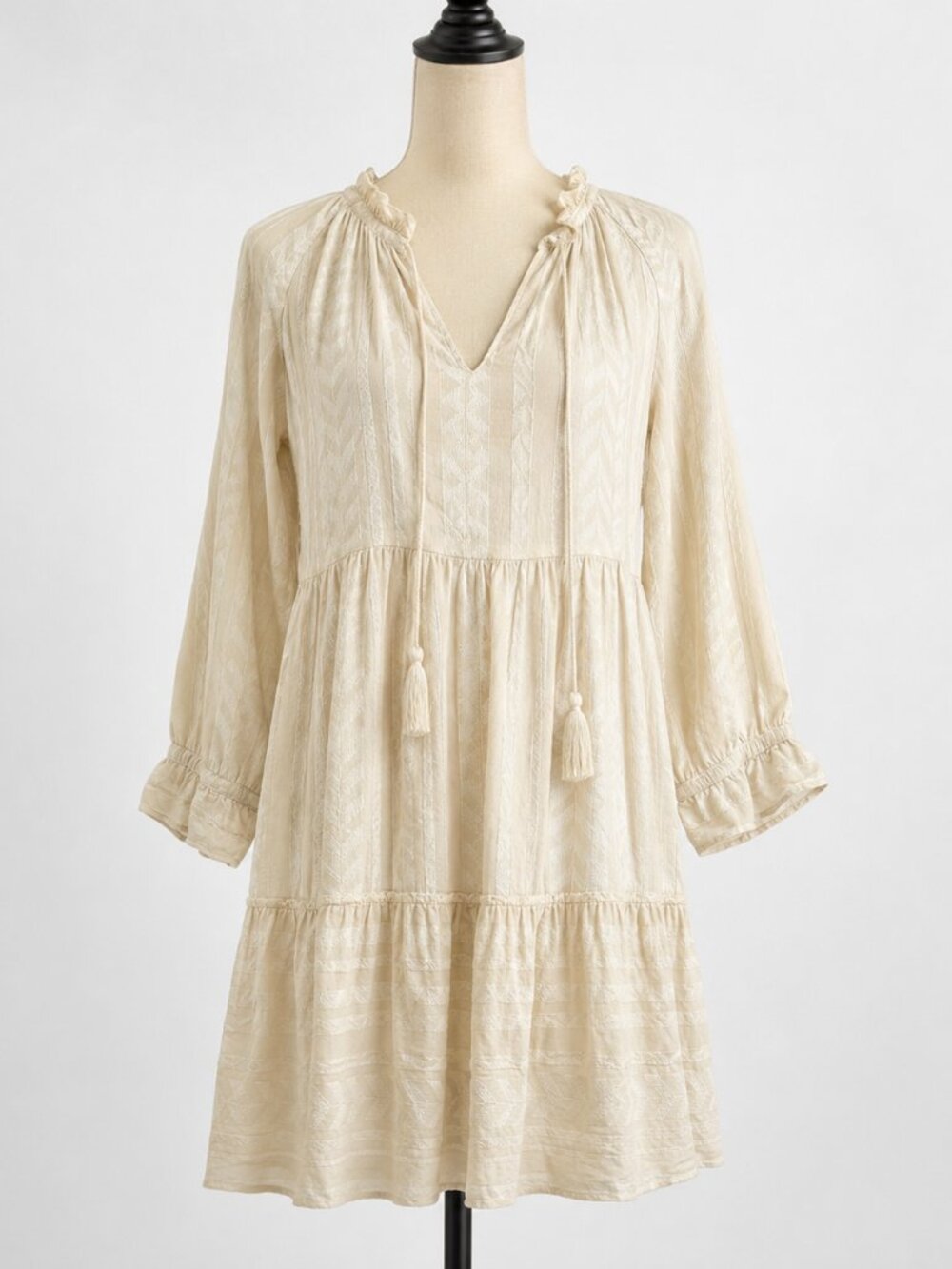Anthropologie Maeve Cream Textured Boho Tiered Tunic Dress Pockets XS